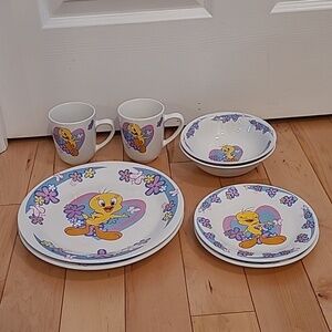 Gibson Looney Tunes tweety bird hearts/flowers plates, bowls, and mugs